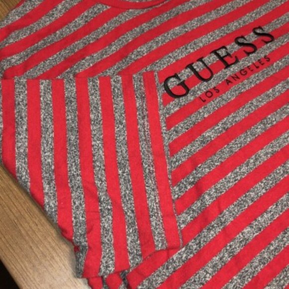 GUESS Originals T-Shirt Medium Red Gray Striped Logo Graphic Short Sleeve Mens - Picture 4 of 10